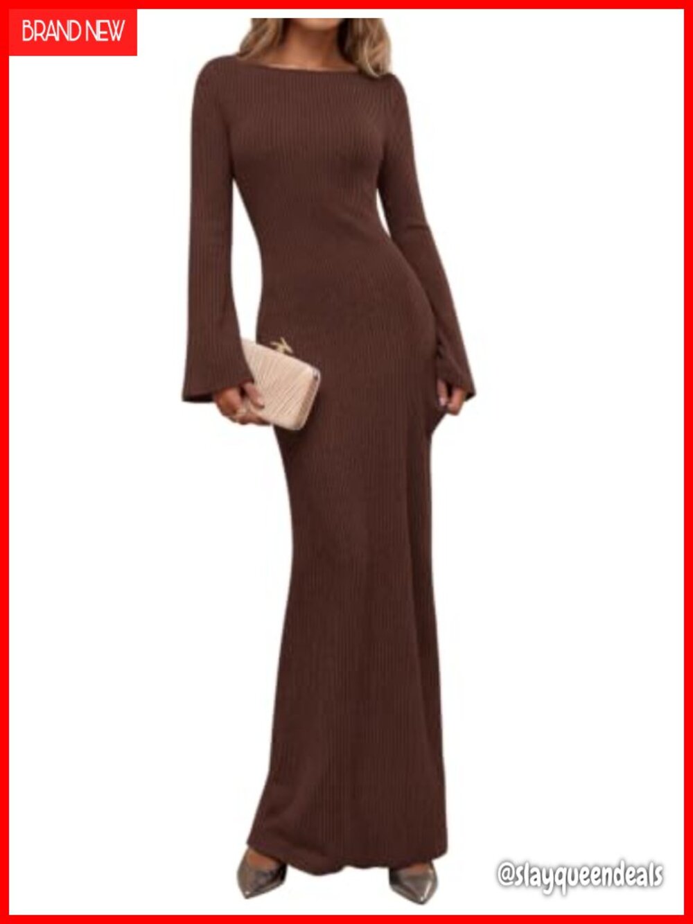 Long Sleeve Ribbed Knit Maxi Dress Boat Neck Bodycon Mermaid Hem